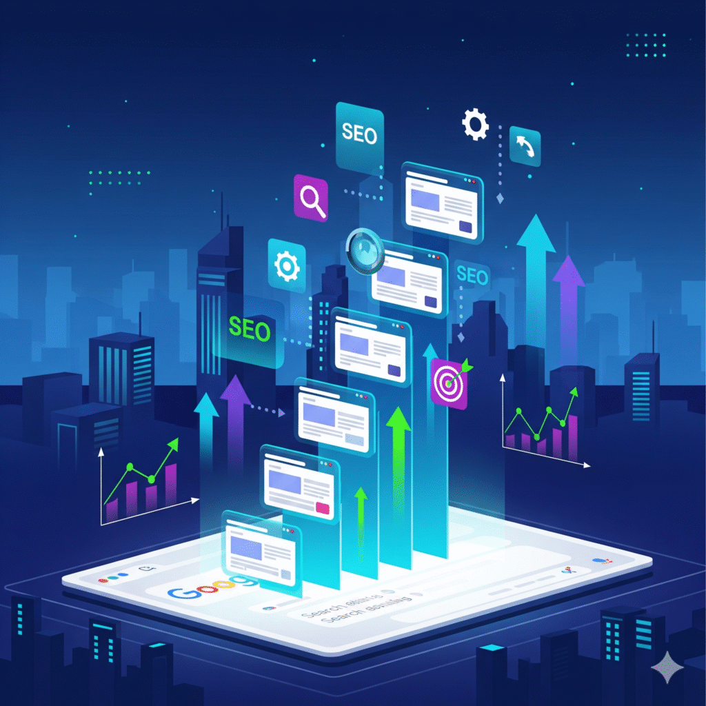 Futuristic SEO illustration showing a website ranking at the top of Google search results with digital charts and upward arrows in 2025